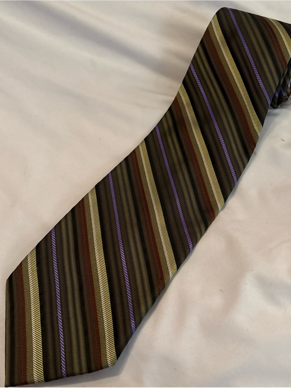 Valentino Olive Silk Tie with Purple and Gold Stripe Accents